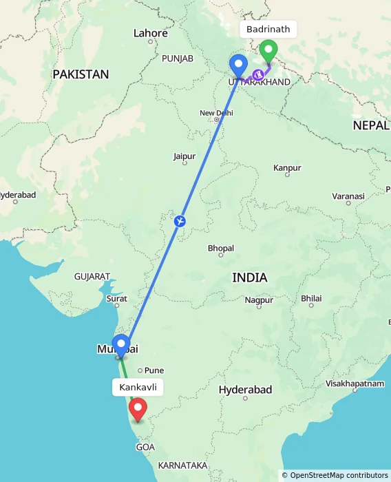 Route map showing distance and travel time from Badrinath, India to Kankavli, India