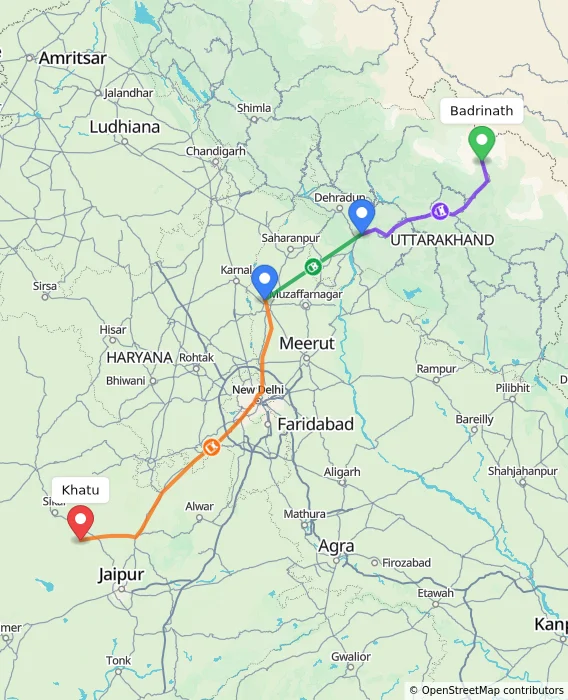 Route map showing distance and travel time from Badrinath, India to Khatu, India
