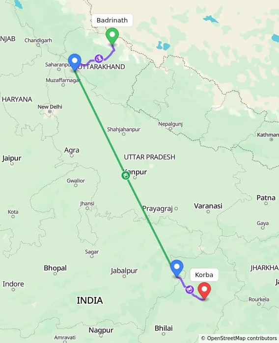 Route map showing distance and travel time from Badrinath, India to Korba, India