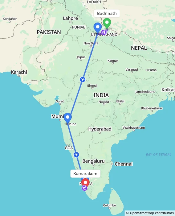 Route map showing distance and travel time from Badrinath, India to Kumarakom, India