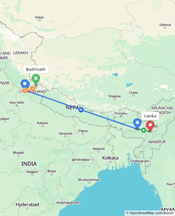 Route map showing distance and travel time from Badrinath, India to Lanka, India