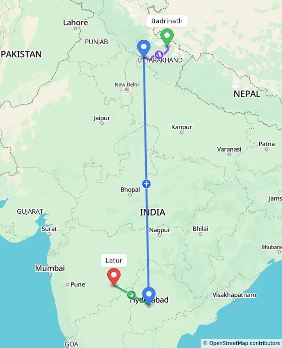 Route map showing distance and travel time from Badrinath, India to Latur, India