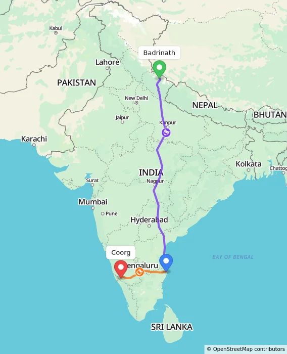 Route map showing distance and travel time from Badrinath, India to Madikeri, India