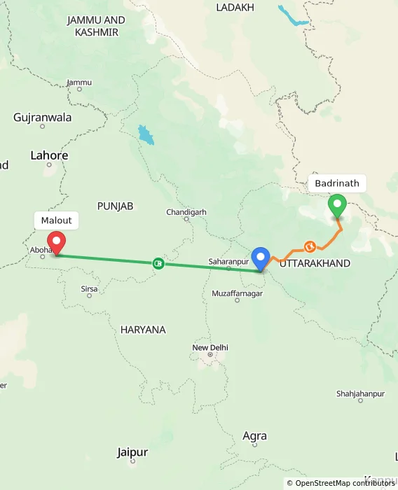 Route map showing distance and travel time from Badrinath, India to Malout, India