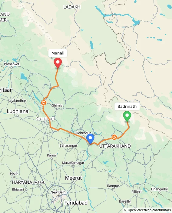 Route map showing distance and travel time from Badrinath, India to Manali, India