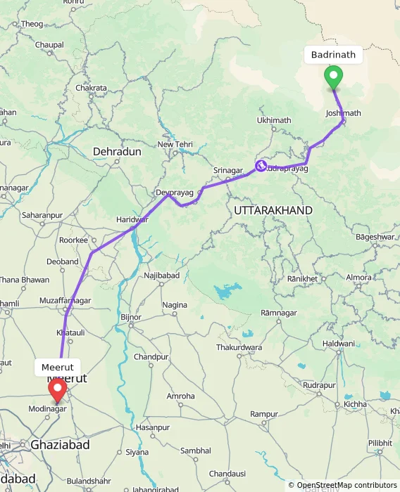 Route map showing distance and travel time from Badrinath, India to Meerut, India
