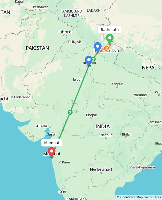 Route map showing distance and travel time from Badrinath, India to Mumbai, India