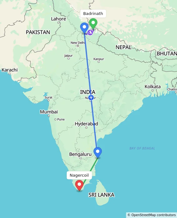 Route map showing distance and travel time from Badrinath, India to Nagercoil, India