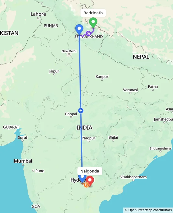 Route map showing distance and travel time from Badrinath, India to Nalgonda, India