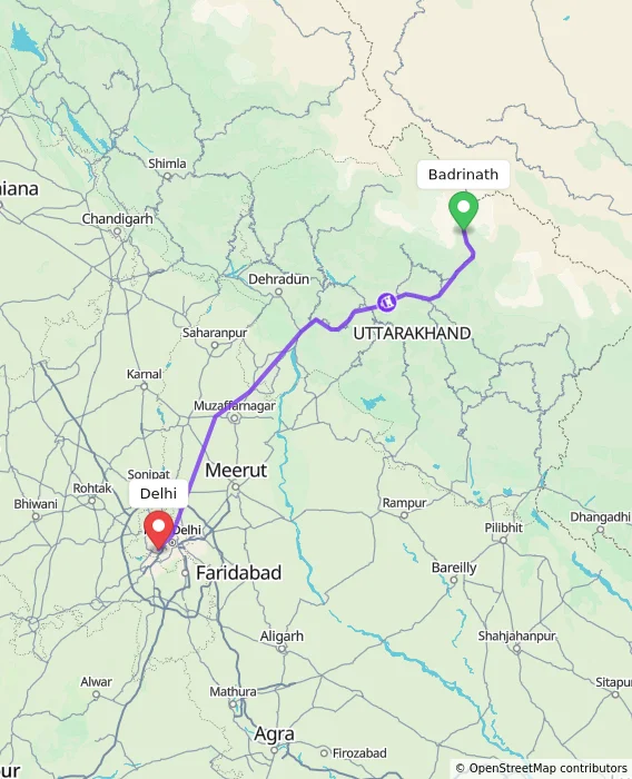 Route map showing distance and travel time from Badrinath, India to Delhi, India