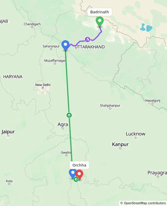 Route map showing distance and travel time from Badrinath, India to Orchha, India