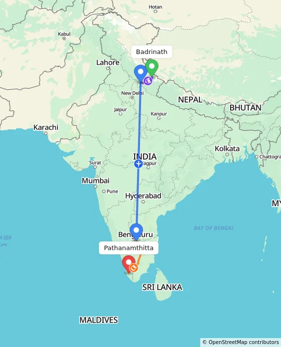 Route map showing distance and travel time from Badrinath, India to Pathanamthitta, India