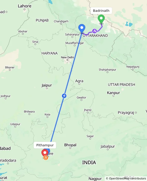 Route map showing distance and travel time from Badrinath, India to Pithampur, India