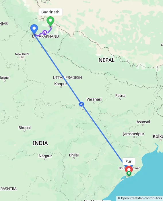 Route map showing distance and travel time from Badrinath, India to Puri, India
