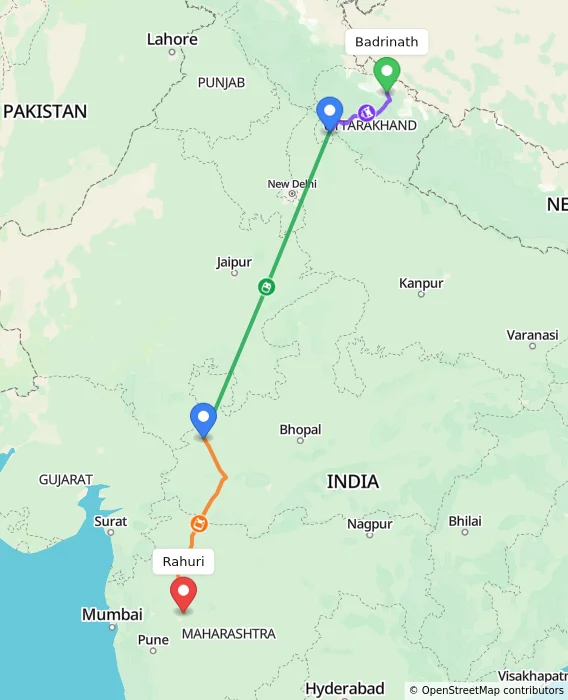 Route map showing distance and travel time from Badrinath, India to Rahuri, India