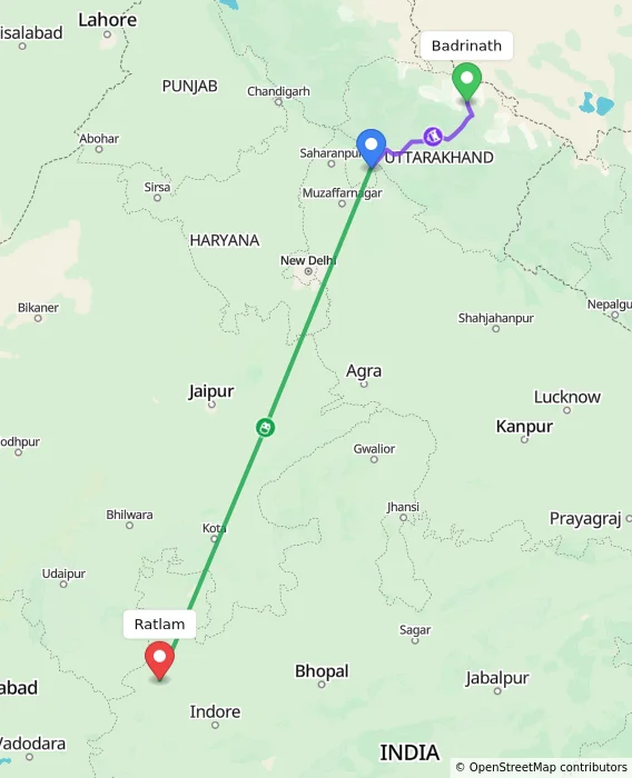 Route map showing distance and travel time from Badrinath, India to Ratlam, India