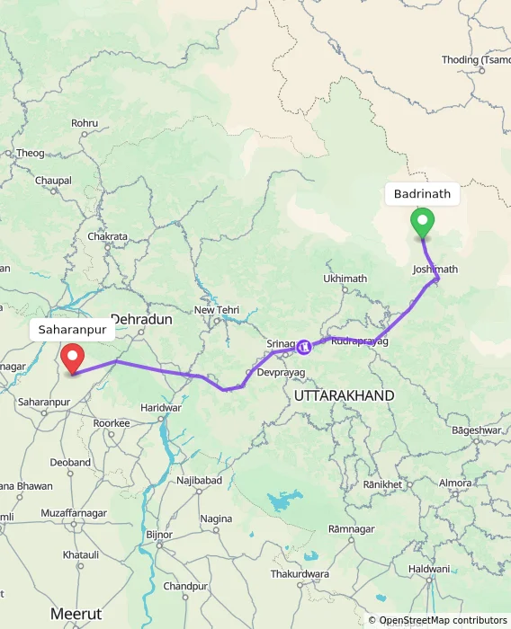 Route map showing distance and travel time from Badrinath, India to Saharanpur, India