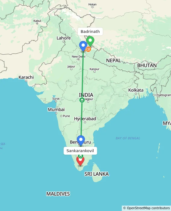 Route map showing distance and travel time from Badrinath, India to Sankarankovil, India