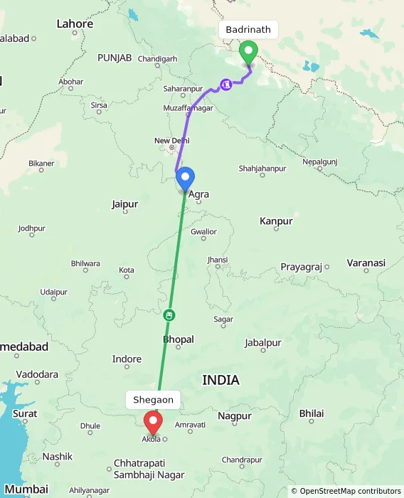 Route map showing distance and travel time from Badrinath, India to Shegaon, India