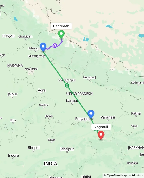 Route map showing distance and travel time from Badrinath, India to Singrauli, India