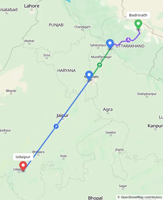 Route map showing distance and travel time from Badrinath, India to Udaipur, India