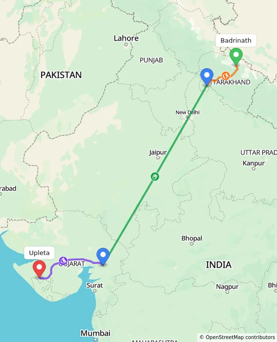 Route map showing distance and travel time from Badrinath, India to Upleta, India