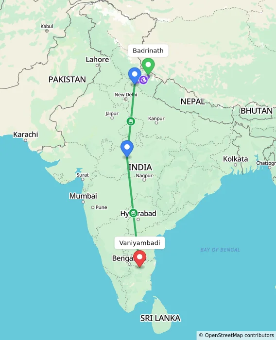 Route map showing distance and travel time from Badrinath, India to Vaniyambadi, India