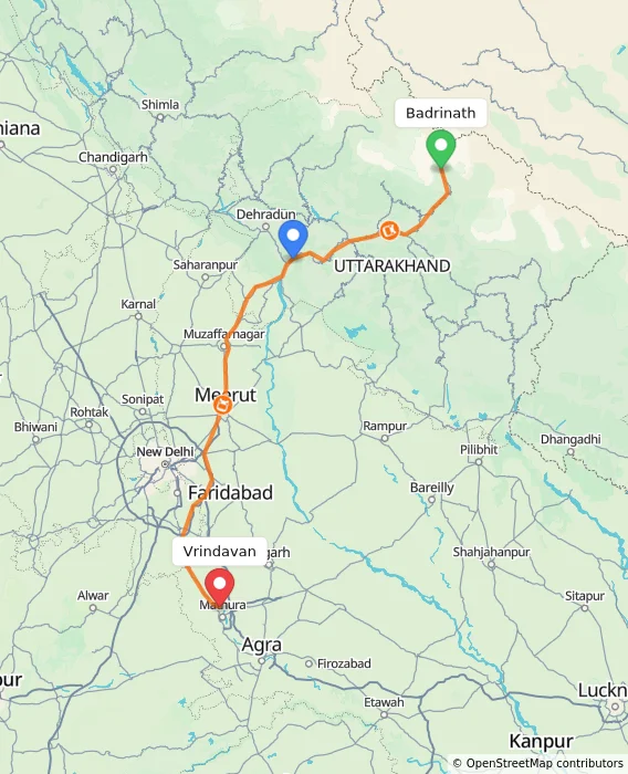 Route map showing distance and travel time from Badrinath, India to Vrindavan, India