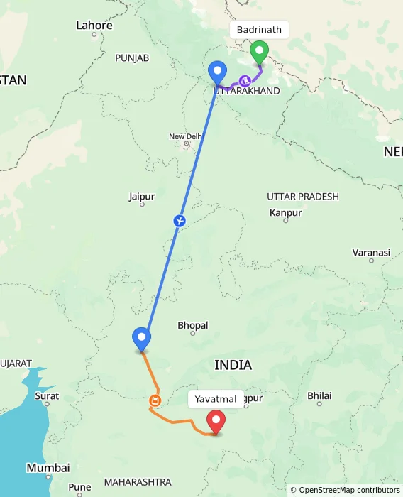 Route map showing distance and travel time from Badrinath, India to Yavatmal, India