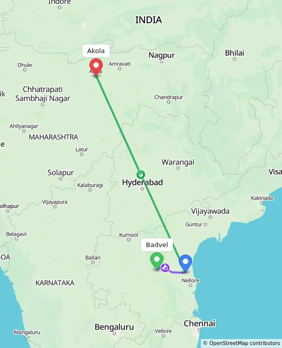 Route map showing distance and travel time from Badvel, India to Akola, India