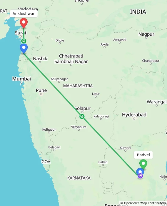 Route map showing distance and travel time from Badvel, India to Ankleshwar, India