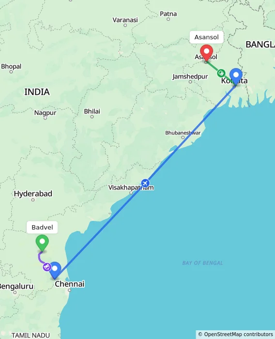 Route map showing distance and travel time from Badvel, India to Asansol, India
