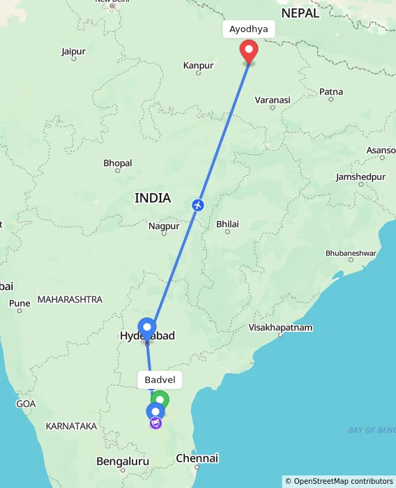 Route map showing distance and travel time from Badvel, India to Ayodhya, India