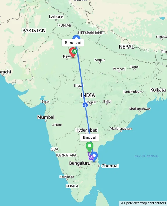 Route map showing distance and travel time from Badvel, India to Bandikui, India