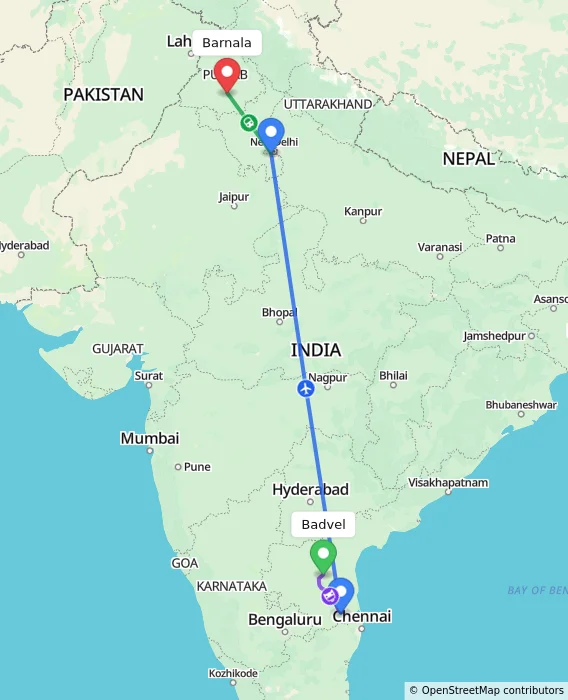Route map showing distance and travel time from Badvel, India to Barnala, India