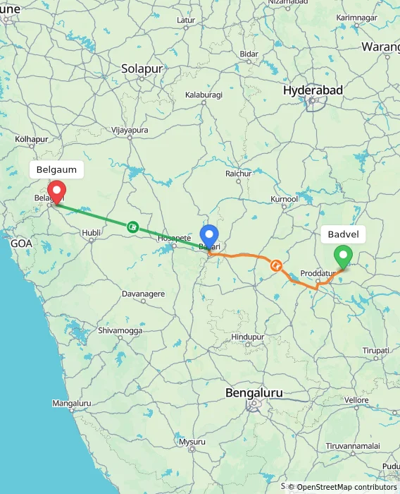 Route map showing distance and travel time from Badvel, India to Belgaum, India