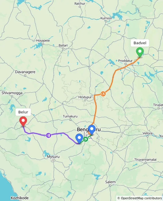 Route map showing distance and travel time from Badvel, India to Belur, India
