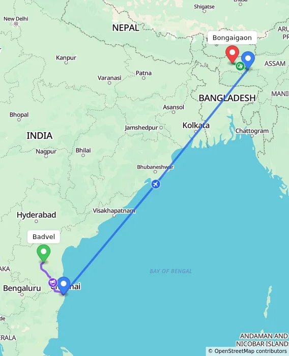 Route map showing distance and travel time from Badvel, India to Bongaigaon, India