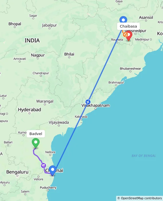 Route map showing distance and travel time from Badvel, India to Chaibasa, India