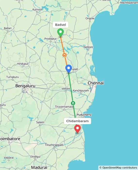 Route map showing distance and travel time from Badvel, India to Chidambaram, India