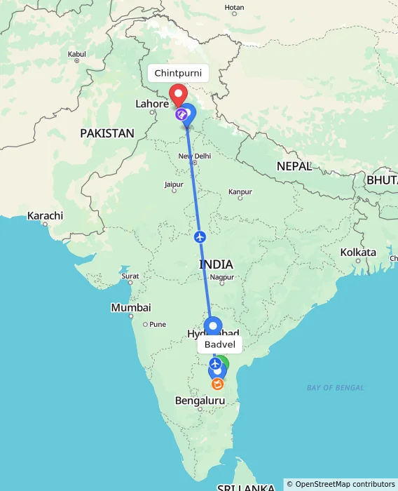 Route map showing distance and travel time from Badvel, India to Chintpurni, India