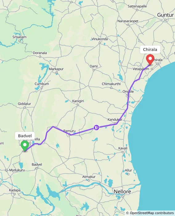 Route map showing distance and travel time from Badvel, India to Chirala, India