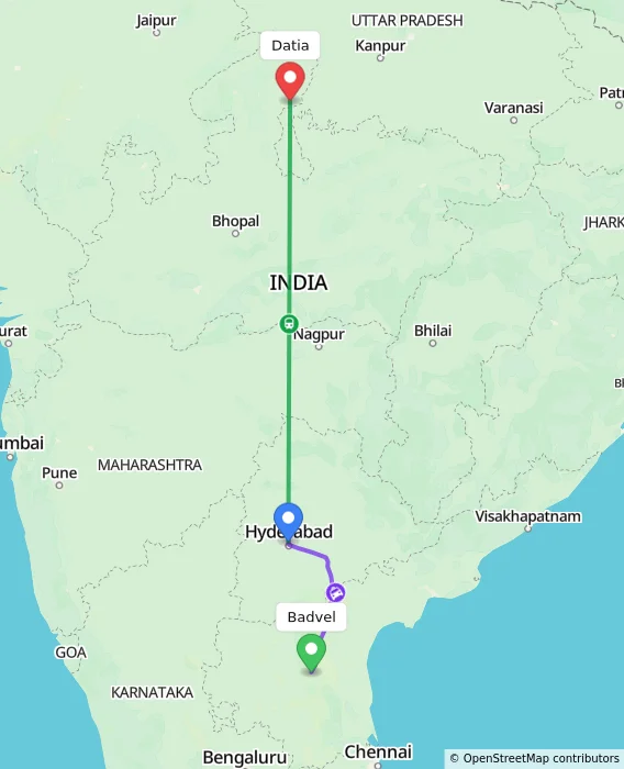 Route map showing distance and travel time from Badvel, India to Datia, India