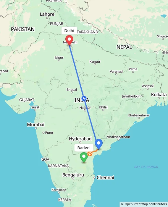 Route map showing distance and travel time from Badvel, India to Delhi, India