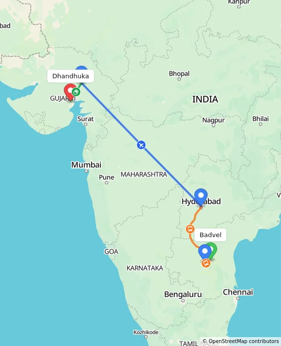 Route map showing distance and travel time from Badvel, India to Dhandhuka, India