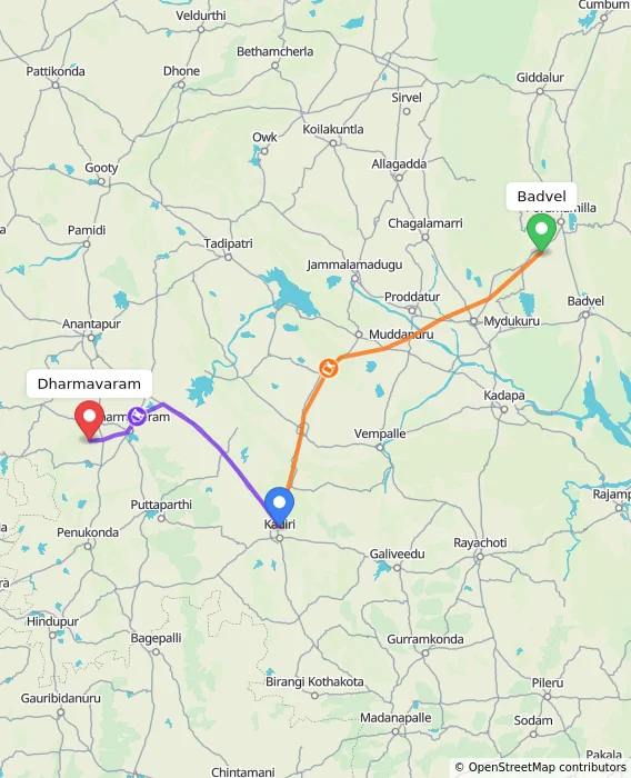Route map showing distance and travel time from Badvel, India to Dharmavaram, India