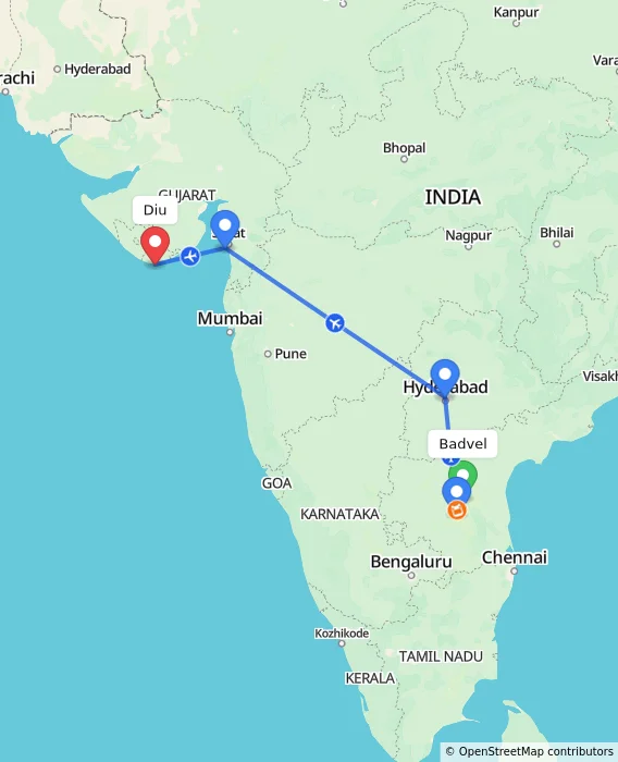Route map showing distance and travel time from Badvel, India to Diu, India