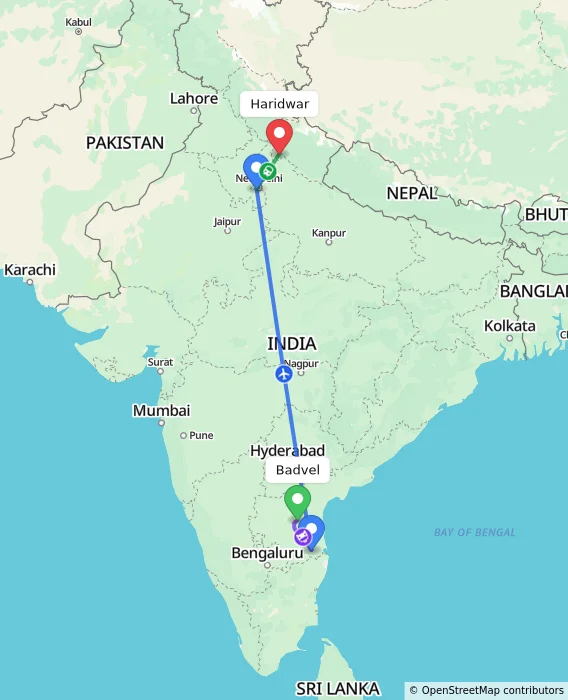 Route map showing distance and travel time from Badvel, India to Haridwar, India
