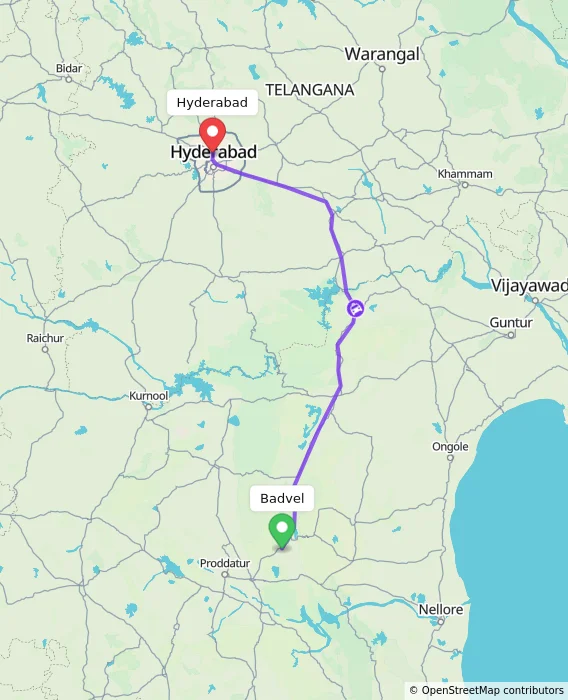 Route map showing distance and travel time from Badvel, India to Hyderabad, India
