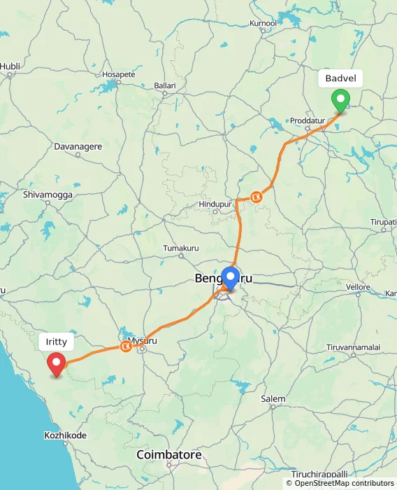 Route map showing distance and travel time from Badvel, India to Iritty, India